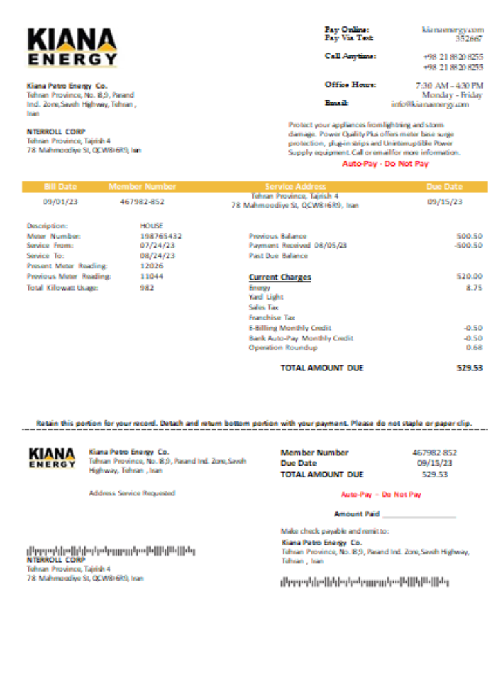 Kiana Petro Energy Co utility business bill, SCR PSD template